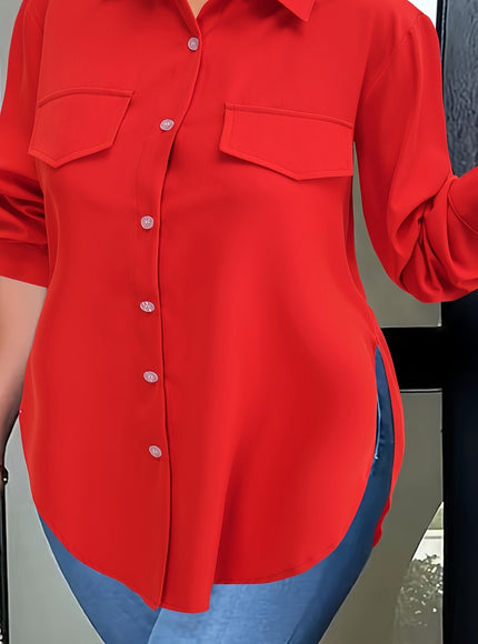 Plus Size Chic Blouse with Flowy Curved Hem - Fashionable Button Front & Classic Collar - Perfect Casual Wear for Spring - Womens Plus Size Clothing