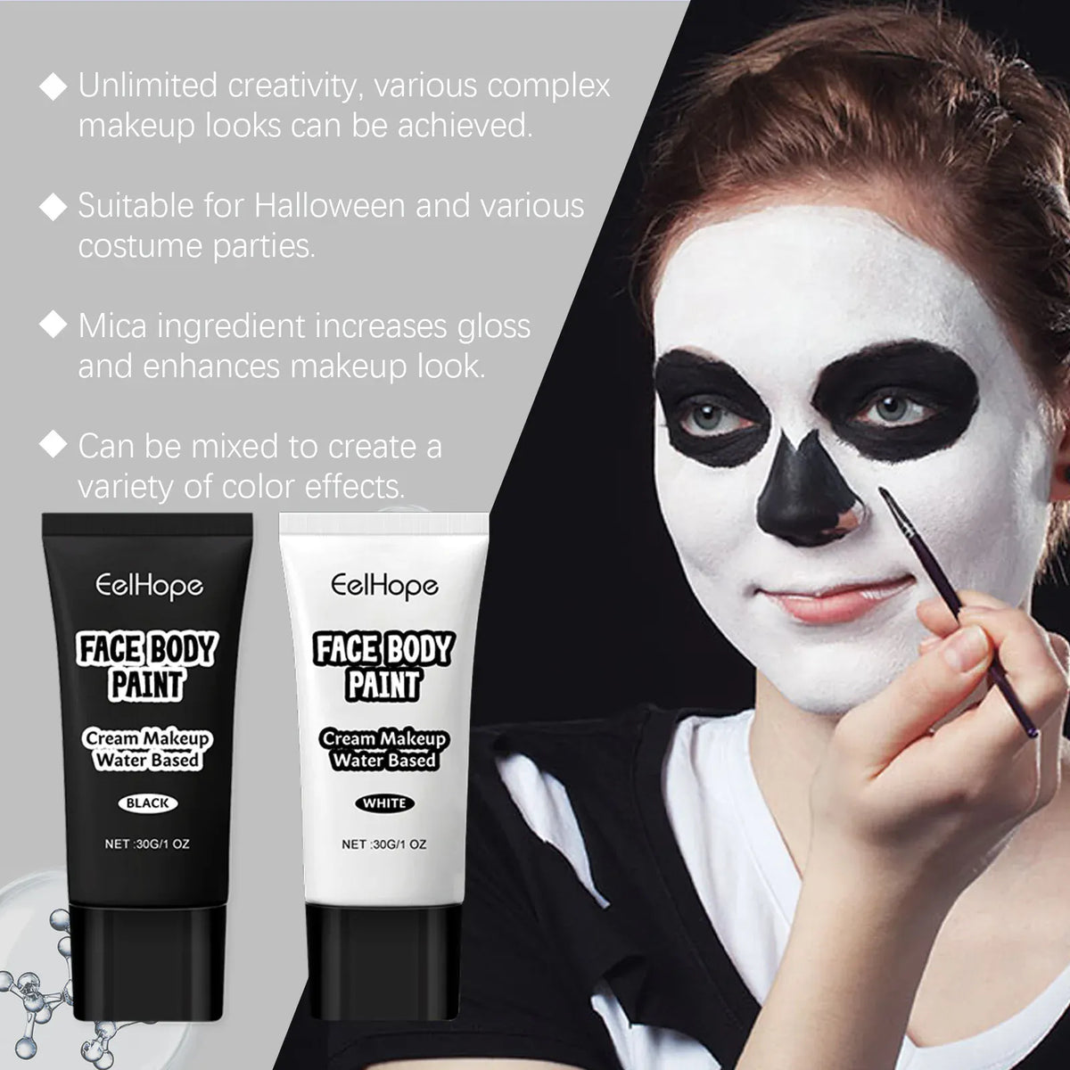 KissICON 60g Boxed Halloween Black White Eyes Face Body Paint Full Coverage Lighweight Foundation Clown Joker Makeup Waterproof Cream Oil Cosplay