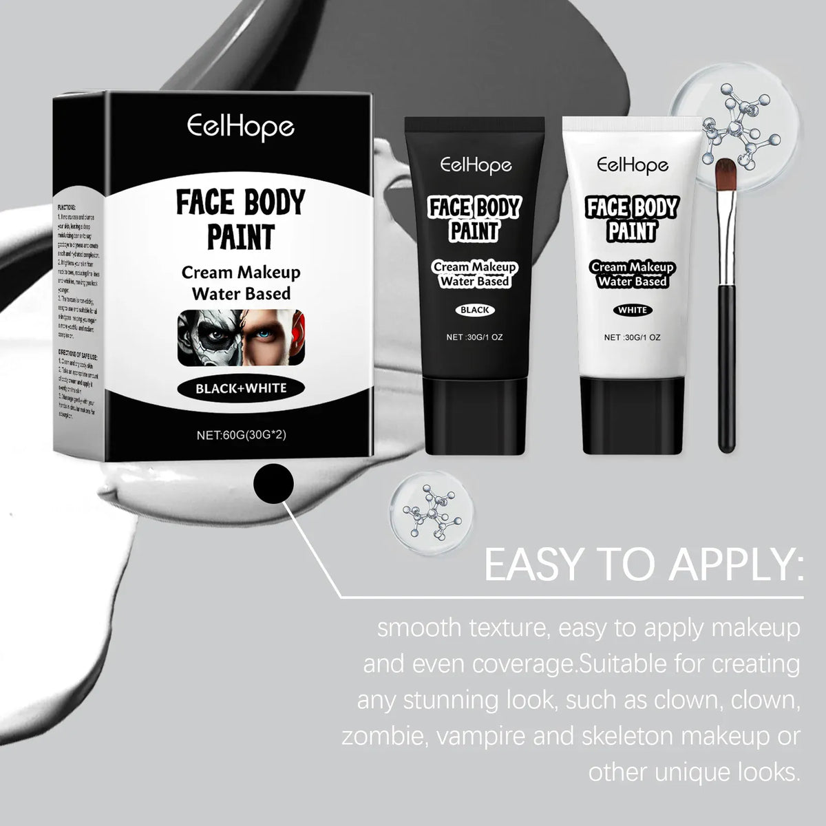 KissICON 60g Boxed Halloween Black White Eyes Face Body Paint Full Coverage Lighweight Foundation Clown Joker Makeup Waterproof Cream Oil Cosplay