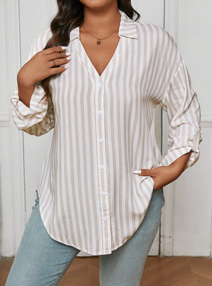 Plus Size - Plus Size - Plus Size - Elegant Plus Size Striped Long Sleeve Shirt - Chic Button-Up with Asymmetrical Hem, Drop Shoulder Design, and Ruffled Cuffs for Women, Perfect for Spring and Fall Casual Wear, Casual Wear S
