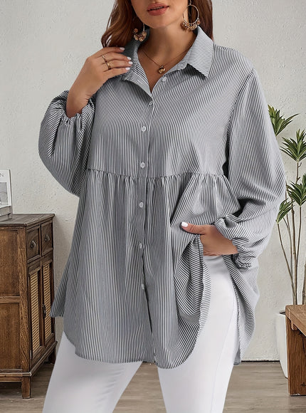 Plus Size, Women's Plus Size Oversized White & Green Horizontal Striped Button- Shirt Jacket-like Blouse - Short Sleeve-like Collar, Wrinkle-Resistant (Machine Washable) H-Line Fit for Year-Round Casual & Dressy Wear (No)