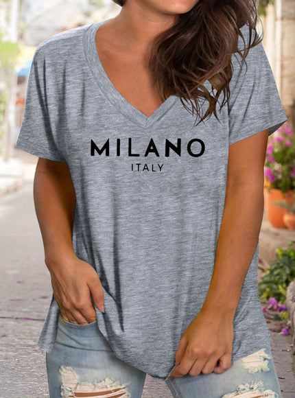 Plus Size Women's V-Neck Short Sleeve T-Shirt - Milano Italy Graphic Print Casual Comfort Fit, Breathable Fabric for Spring Summer Fall, Machine Washable Everyday Essential, Transitional Weather Clothing, Nontransparent Mater