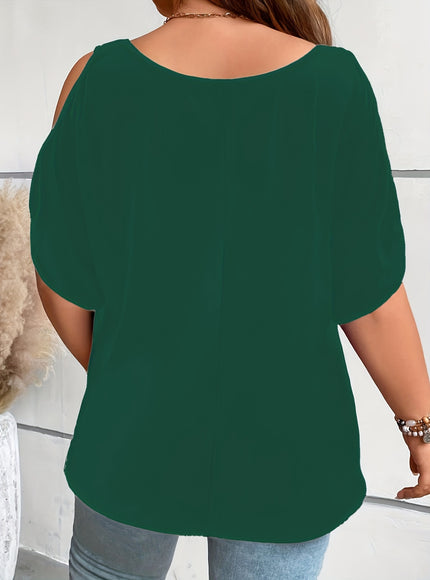 Plus Size Solid Cold Shoulder Women's Casual Crew Neck Short Sleeve T-Shirt