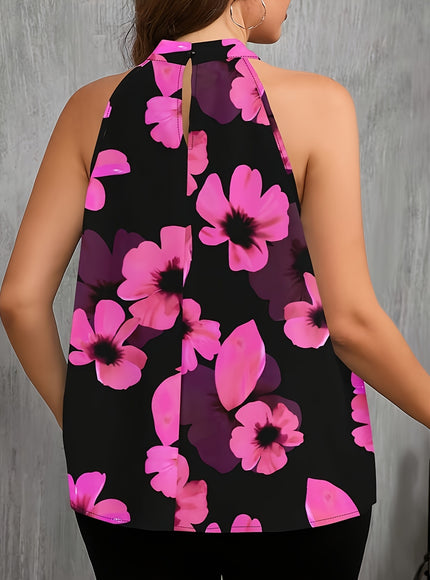 Plus Size - Women'S Plus Size Floral Print Sleeveless Blouse - Elegant Round Neck Summer Top with Button Details, Black & Pink Flowers, Stretchy Fabric, Perfect for Casual or Stylish Outfits, Floral Print Blouse