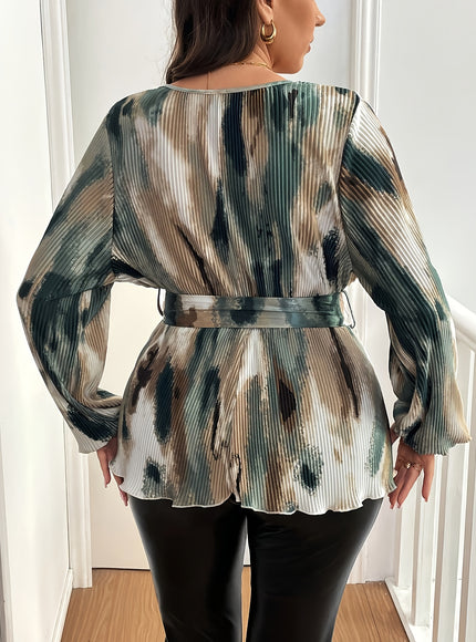 Plus Size - Plus Size - Elegant Tropical Print V-Neck Blouse with Belted Waist & Long Sleeves - Women'S Stylish Long Sleeve Top for All Seasons, Non-Stretch Fabric, Allseason Blouse|Vneck Blouse|Nonstretch Fabric