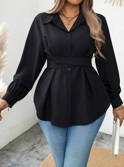 Women'S Elegant Solid Color Shirt with Belt, Polyester 100% Long Sleeve Raglan Sleeve, All-Season H-Fit with Lapel Collar, Button Placket, Regular Length - Woven Fabric 113 gsm