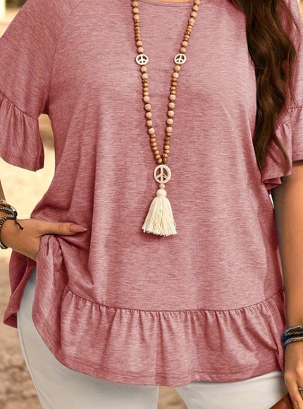 Plus Size, Women's Plus Size Bohemian Chic Short Sleeve T-Shirt - Ruffled Sleeve & Hem, Stretchy Round Neck Casual Top, Solid Blue Spring/Summer Machine Washable Elegant Resort Style Tee