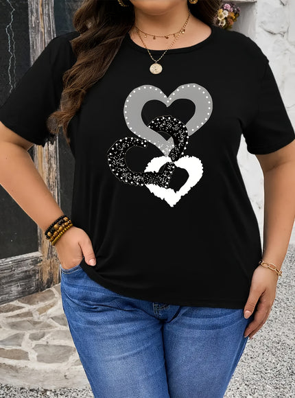 Plus Size Women's Black Casual T-Shirt - Heart & Glitter Heart Design, Stretchy Round Neck Short Sleeve Top for Spring/Summer, Machine Washable, Everyday Comfort Tee, Relaxed Fit Tee, Nontransparent Material