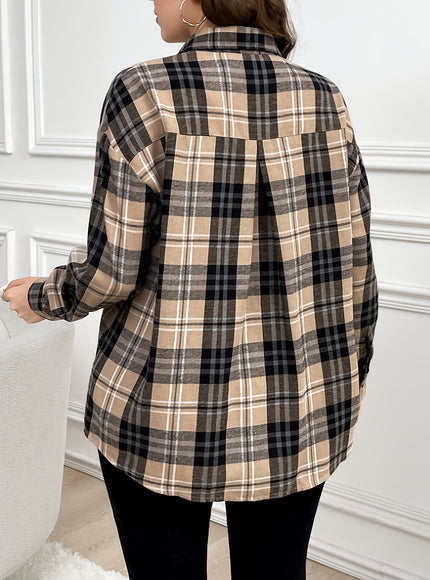 Plus Size, Women's Oversized Plaid Checkered Shirt - Elegant Casual Long Sleeve Blouse with Pockets, All-Season Brown/Black/Beige Tartan Pattern, Plus Size Comfort Fit for Everyday & Formal Wear, Machine Washable, Relaxed Fit