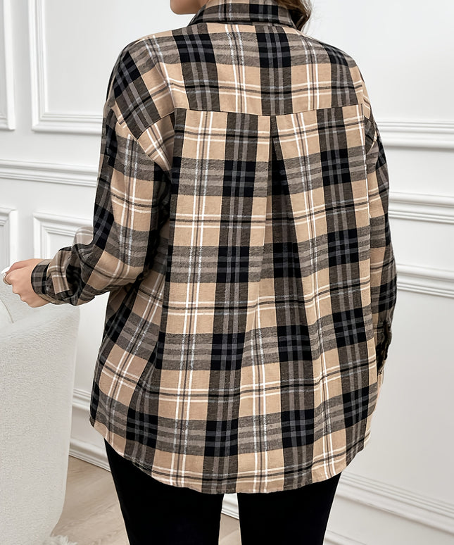 Plus Size, Women's Oversized Plaid Checkered Shirt - Elegant Casual Long Sleeve Blouse with Pockets, All-Season Brown/Black/Beige Tartan Pattern, Plus Size Comfort Fit for Everyday & Formal Wear, Machine Washable, Relaxed Fit