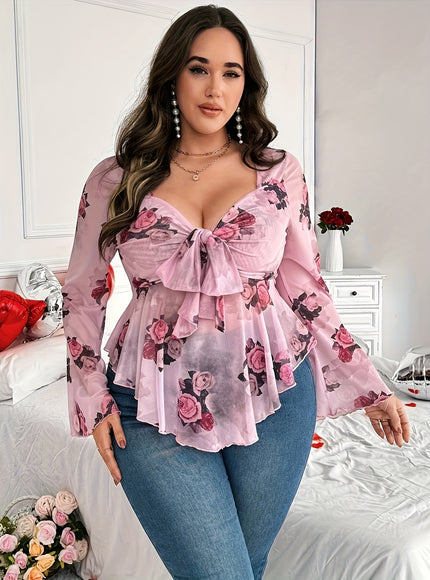 Plus Size Women's Floral Print Long Sleeve T-Shirt - Sweetheart Neckline, Ruffled Hem, Knot Detail, Pink Rose Design, Machine Washable, Romantic Valentine's Day Style, Love Themed Outfit | Nonstretch Fabric, Ladies T Shirts