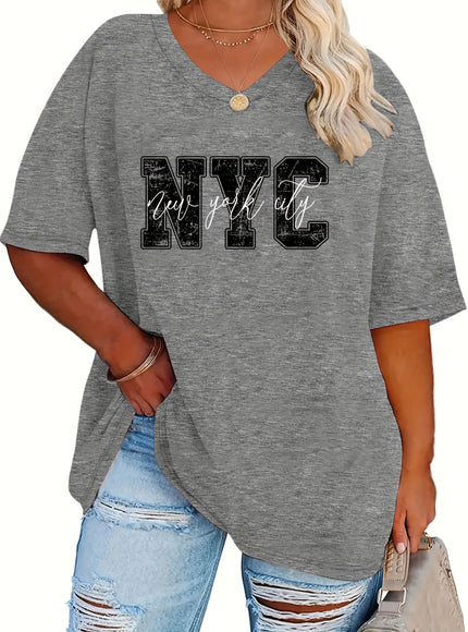 Plus Size - Women'S Plus Size NYC Graphic Tee - Casual V-Neck, Short Sleeve, Stretchy Rayon Blend, Black with White Lettering, Perfect for Spring, Summer & Fall, Everyday Tshirt|Vneck Top|Comfortable Fit