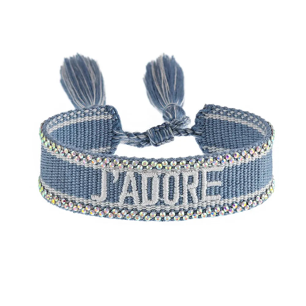 KissICON 68 stone Rhinestone Embroidery Woven Bracelets Adjustable Rope Stackable Bangle For Women