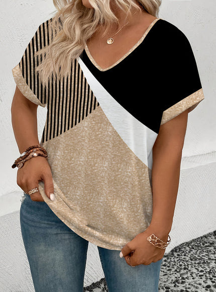 Plus Size, Women's Plus Size T-Shirt - Black/Beige/Striped Graphic Tee - Loose Fit V-Neck Top - Machine Washable Everyday Casual Shirt for Women, Allseason Apparel, Medium Stretch Fabric