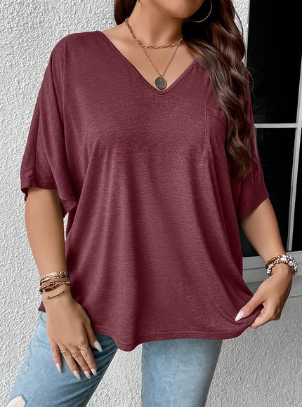 Plus Size, Plus Size Women's 2pcs Set Deep V Neck Solid Color Pocket Patch T-Shirt