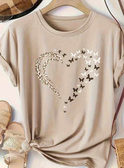 Plus Size Heart Print T-Shirt, Casual Crew Neck Short Sleeve T-Shirt, Women's Plus Size Clothing
