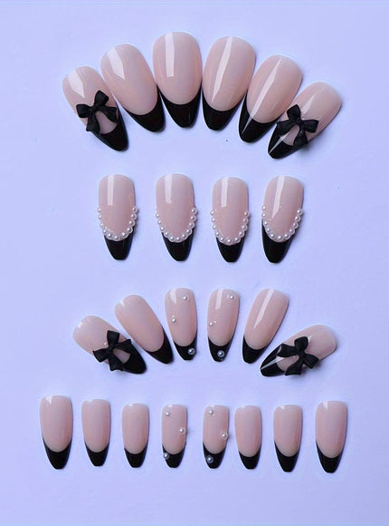 KissIcon Black French Tip Almond Nails - Glossy