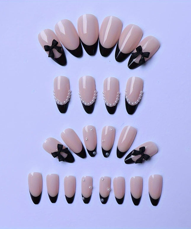 KissIcon Black French Tip Almond Nails - Glossy