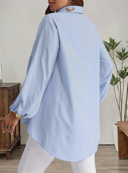 Plus Size, Women's Plus Size Oversized White & Green Horizontal Striped Button- Shirt Jacket-like Blouse - Short Sleeve-like Collar, Wrinkle-Resistant (Machine Washable) H-Line Fit for Year-Round Casual & Dressy Wear (No)