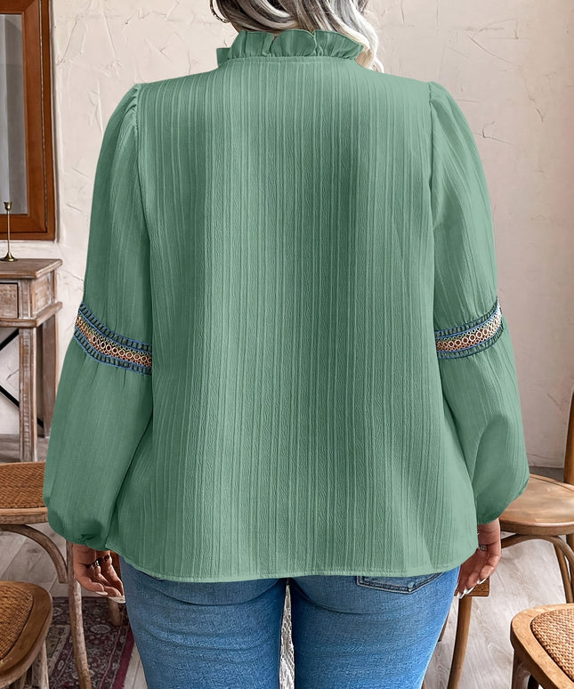 Plus Size - Plus Size, Plus Size Women'S Casual Vacation Ruffle Hem Notch Collar Lantern Sleeve Color Block Lace Patchwork Shirt Top