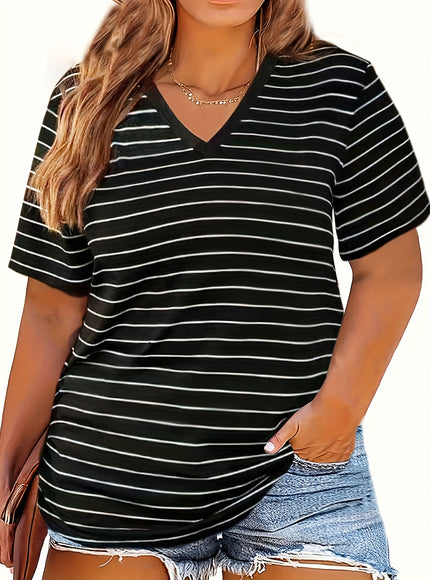 Stylish Plus Size Striped V Neck T-Shirt - Women's Short Sleeve Summer & Spring Top - Breathable, Soft, Versatile, and Comfy Clothing for Curvy Ladies