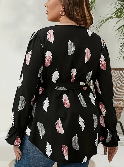 Plus Size Women's Elegant Criss Cross Neck Top - Floral Random Printing, Smooth Polyester Slight Stretch Woven Fabric (110g/m²) - All Season | Tie Front Design | Hand Wash or Dry Clean