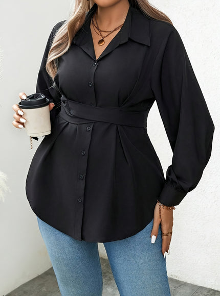 Women'S Elegant Solid Color Shirt with Belt, Polyester 100% Long Sleeve Raglan Sleeve, All-Season H-Fit with Lapel Collar, Button Placket, Regular Length - Woven Fabric 113 gsm