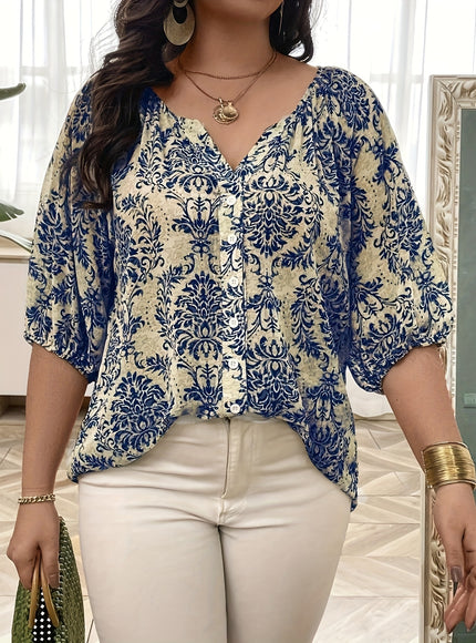 Women'S Plus Size V-Neck Blouse - Elegant Blue & White Floral Print, Casual Loose Fit, Short Sleeve, Button Detail, Summer Fashion Top for Casual Attire, Ladies Blouse