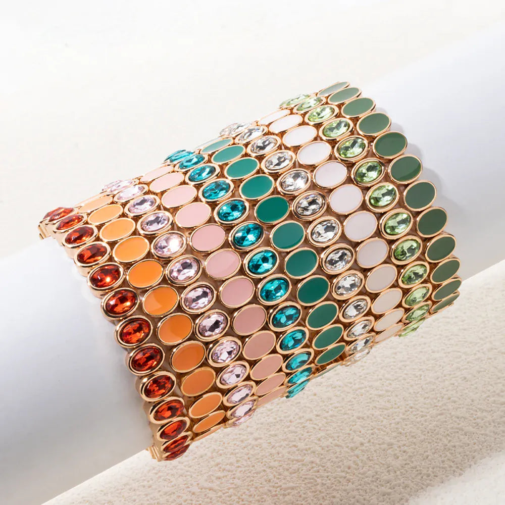 KissICON 6x8mm Enamel Crystal Bracelets For Women Gold Color Zirconia Rhombus Bead Elastic Bangle
