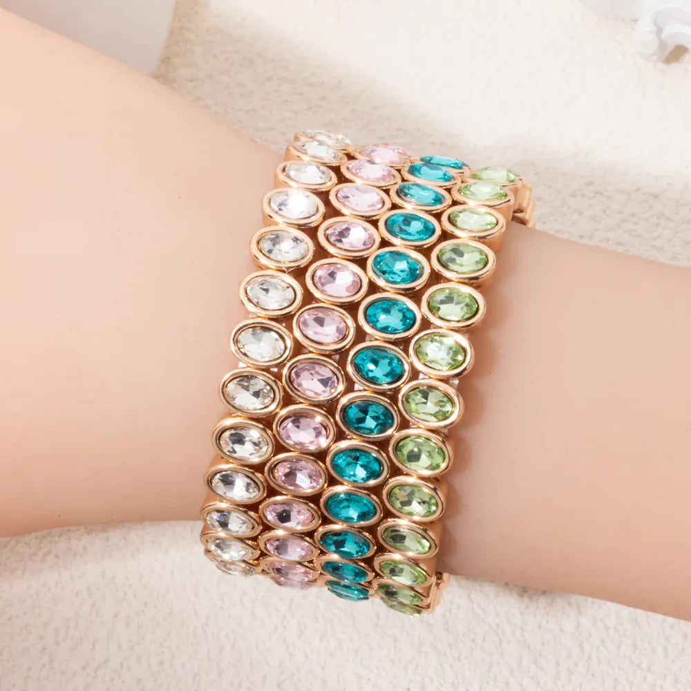 KissICON 6x8mm Enamel Crystal Bracelets For Women Gold Color Zirconia Rhombus Bead Elastic Bangle