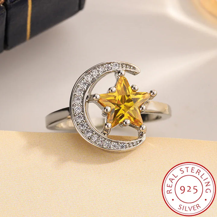 KissIcon Golden Star Moon CZ Ring - Celestial Ring Design