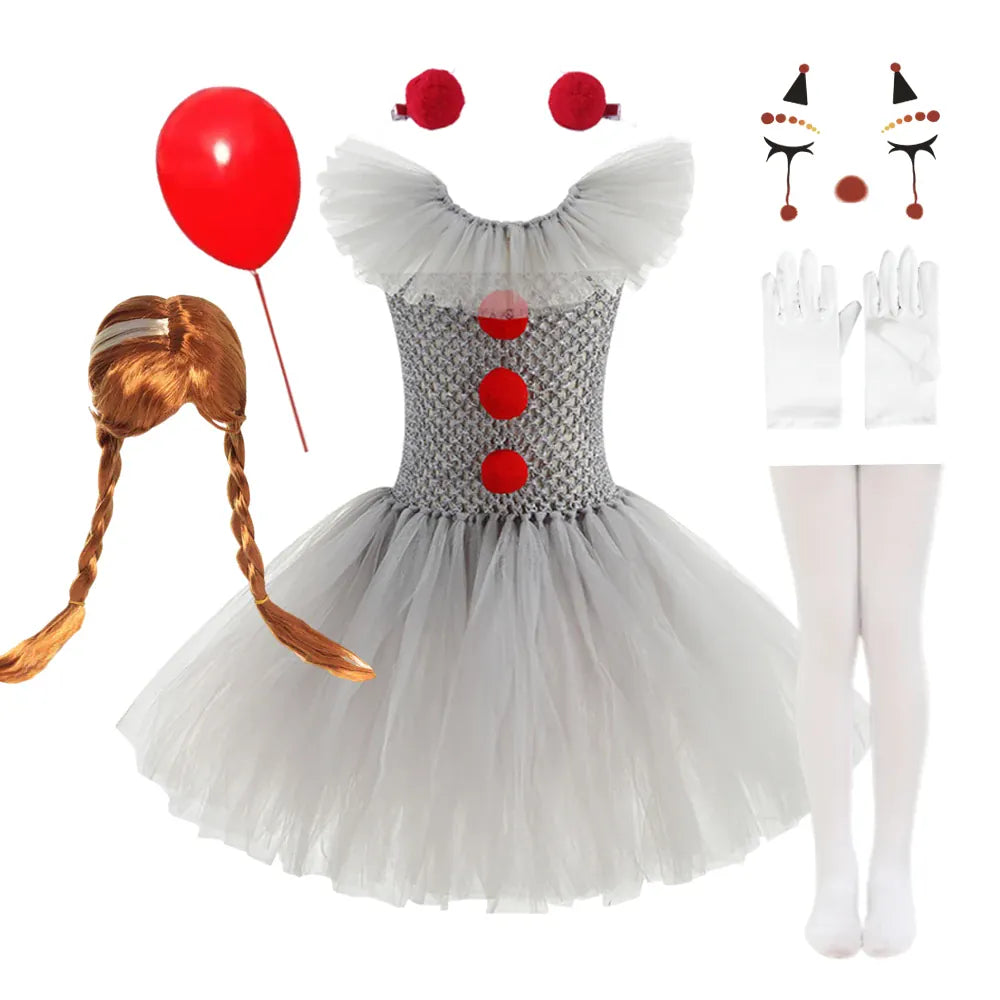 KissICON 7 PCS D / 8-9T(XL) Halloween Costume Girls Gray Tutu Scary Vestidos Joker Dress Kids Cosplay Clown Costume Carnival Party Dress Up