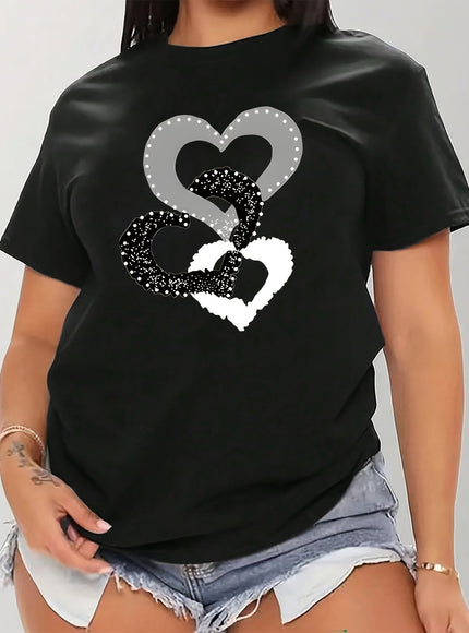Plus Size Women's Black Casual T-Shirt - Heart & Glitter Heart Design, Stretchy Round Neck Short Sleeve Top for Spring/Summer, Machine Washable, Everyday Comfort Tee, Relaxed Fit Tee, Nontransparent Material
