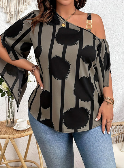 Plus Size 3/4 Sleeve Elegant Cold Shoulder Chain Graphic Print Blouse for Spring & Fall, Women's Clothing