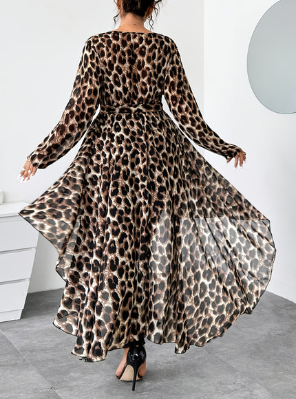 Plus Size Women's Elegant Leopard Print V-Neck Long Sleeve Blouse - Front Short Back Long Length, Semi-Sheer Lightweight Chiffon Top for Spring/Summer, Machine Washable, Chic Chiffon Blouse, Summer Fashion, Vneck Design, Leop