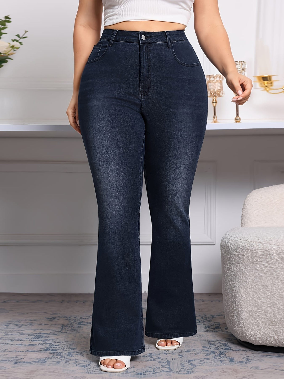 jkthpu-45 Plus Size Flared Jeans Comfy Stretch Denim All Season