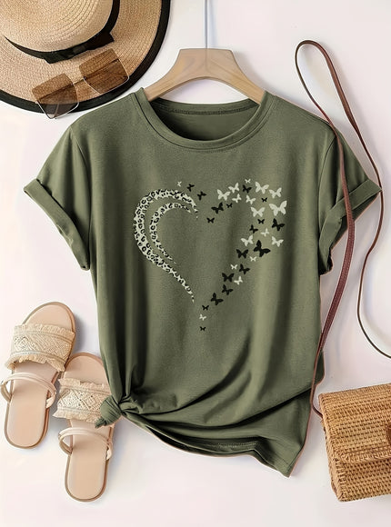 Plus Size Heart Print T-Shirt, Casual Crew Neck Short Sleeve T-Shirt, Women's Plus Size Clothing