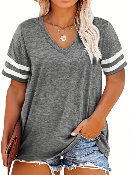 Plus Size Women's V-Neck Short Sleeve T-Shirt - Lightweight Stretchy Summer Tee with Random Print, Loose Casual Fit, Machine Washable, Sizes XL-5XL for Everyday & Office Wear, Versatile Clothing, Striped Print Shirt, Soft Fab