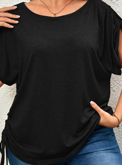 Plus Size Casual T-shirt, Women's Plus Solid Drawstring Ruched Short Sleeve Round Neck Slight Stretch T-shirt