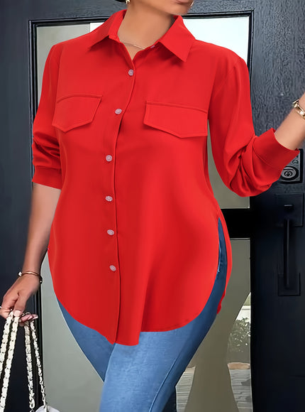 Plus Size Chic Blouse with Flowy Curved Hem - Fashionable Button Front & Classic Collar - Perfect Casual Wear for Spring - Womens Plus Size Clothing