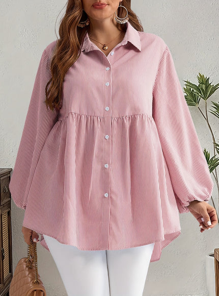 Plus Size, Women's Plus Size Oversized White & Green Horizontal Striped Button- Shirt Jacket-like Blouse - Short Sleeve-like Collar, Wrinkle-Resistant (Machine Washable) H-Line Fit for Year-Round Casual & Dressy Wear (No)