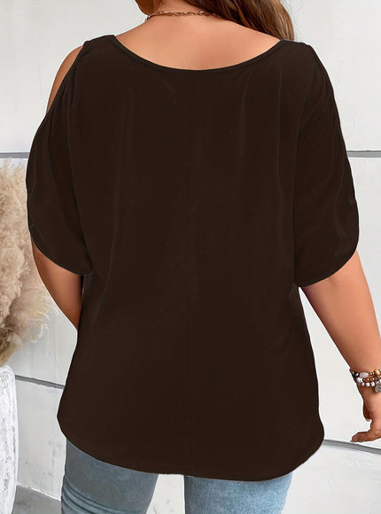 Plus Size Solid Cold Shoulder Women's Casual Crew Neck Short Sleeve T-Shirt