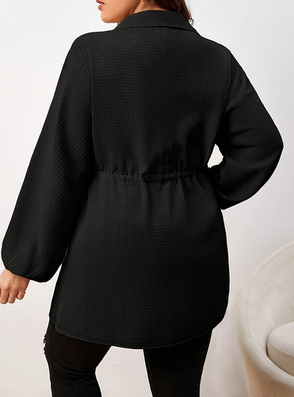 Plus Size - Plus Size, Women'S Elegant Long Sleeve Blouse - Button-Front Shirt with Drawstring Waist, Non-See-Through Fabric for Fall/Winter, Office, Party, Everyday Outfits - Women'S Formal & Casual Tops, Winter Wardrobe, Cl