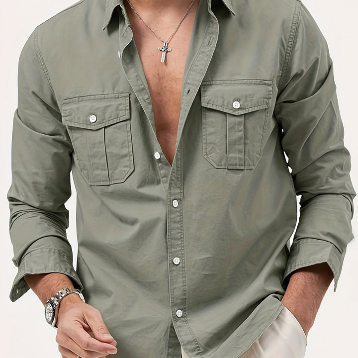 New 2026 Plus Size Mens Western MultiPocket Long Sleeve Work Shirt