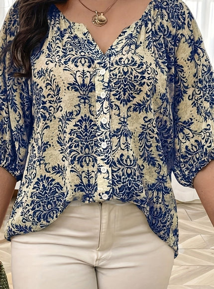 Women'S Plus Size V-Neck Blouse - Elegant Blue & White Floral Print, Casual Loose Fit, Short Sleeve, Button Detail, Summer Fashion Top for Casual Attire, Ladies Blouse