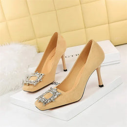 KissICON 7792-1K82 Apricot / 35 / CHINA Fashion Women High Heels Metal Rhinestone Buckle Square