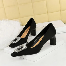 KissICON 7792-1K82 Black / 34 / CHINA Fashion Women High Heels Metal Rhinestone Buckle Square