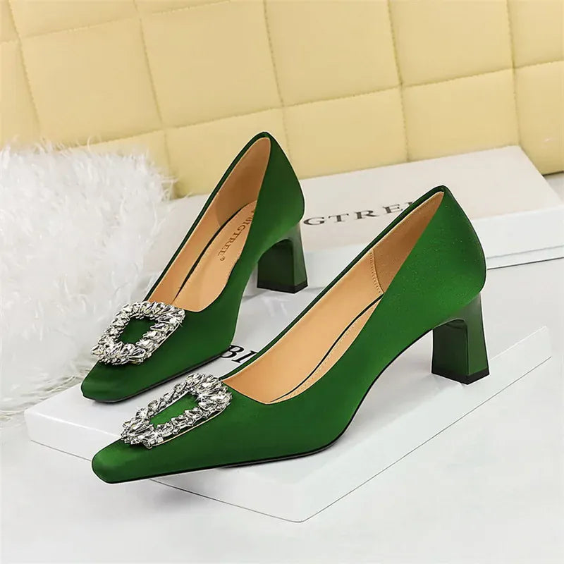 KissICON 7792-1K82 Green / 40 / CHINA Fashion Women High Heels Metal Rhinestone Buckle Square