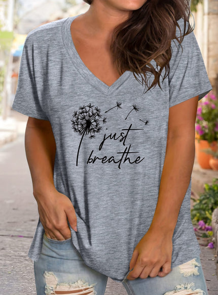 Plus Size Women's V Neck Short Sleeve T-shirt, Dandelion & Slogan Print Slight Stretch Casual
