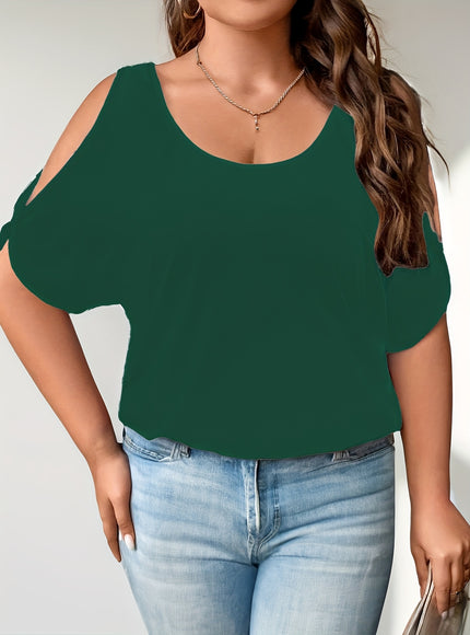 Plus Size Solid Cold Shoulder Women's Casual Crew Neck Short Sleeve T-Shirt